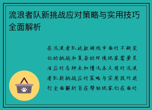 流浪者队新挑战应对策略与实用技巧全面解析